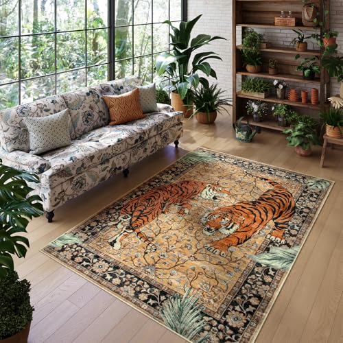 Moynesa Tiger 5x7 Area Rugs, Boho Washable Rugs for Living Room, Vintage Soft Dining Room Rug, Non Slip Ultra Thin Stain Resistant Large Floor Carpet for Office Bedroom, Camel