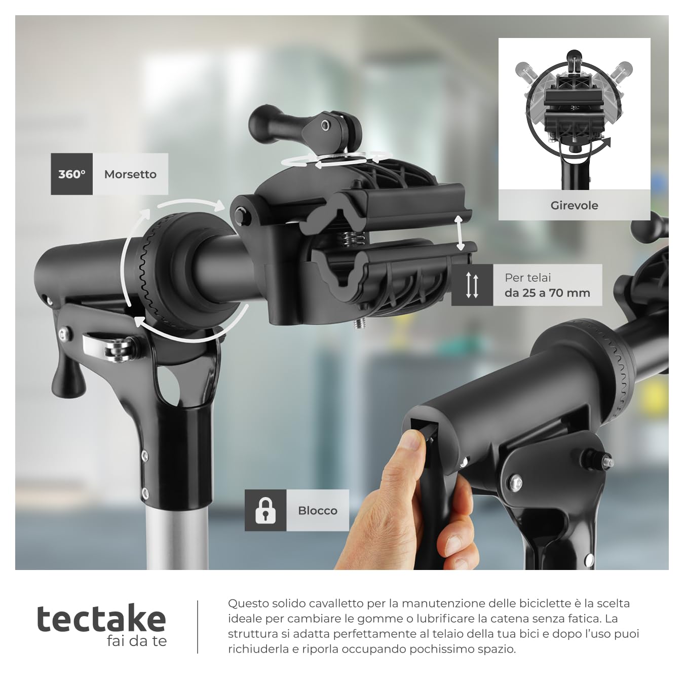 tectake® Cavalletto Manutenzione Bici, Cavalletto per Bici Pieghevole, Supporto Bicicletta, Girevole 360°, Altezza Regolabile, Stabilizzatore Ruota Anteriore, Carico Max 50 kg - Nero