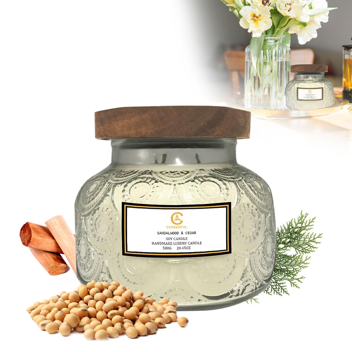 Scented Candle Gift Set 580g Super Large Soy Wax Candle Glass Jar, 3 Wicks Aromatherapy Candle for Home Scented, Smokeless Sandalwood Fragrance Candle Long Lasting with Lid for Birthday Christmas Gift