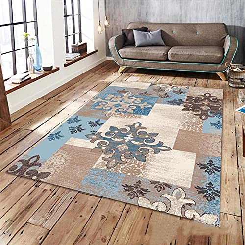 Tapis chambre rétro géométrique bleu beige moquette petit format - 2