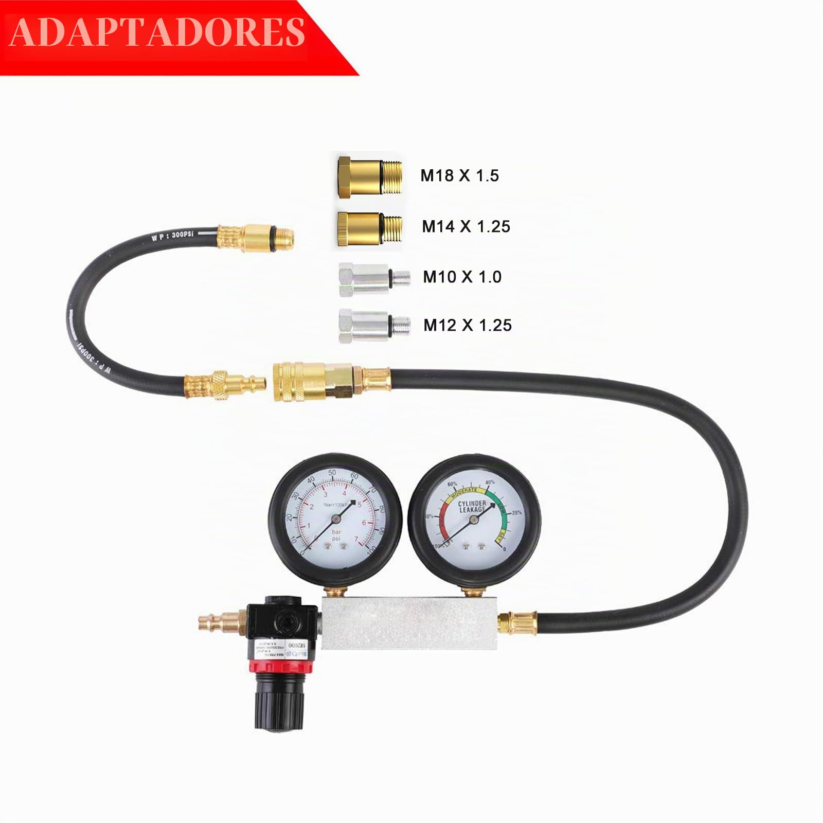 Kit de prueba de fugas en cilindros para motor a gasolina, con medidor de compresión y doble manómetro para verificar presión y tasa de fuga, incluye varilla de extensión