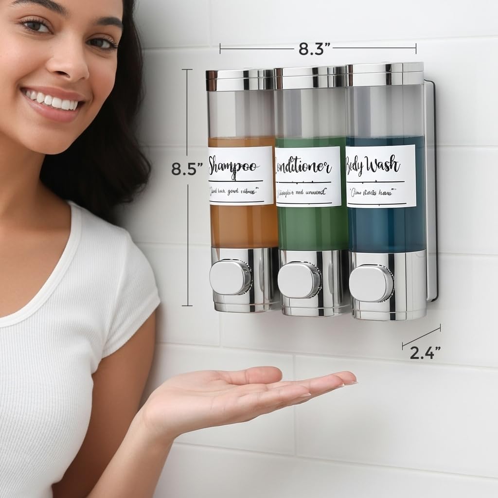 Soap Dispenser - 3 Chamber - 3x300ml - No Drill Wall Mount Bottles Organizer Toiletries for Cream Lotion Liquid Soaps Shampoo Conditioner Storage - Modern Essentials Bathroom Set - Chrome 1