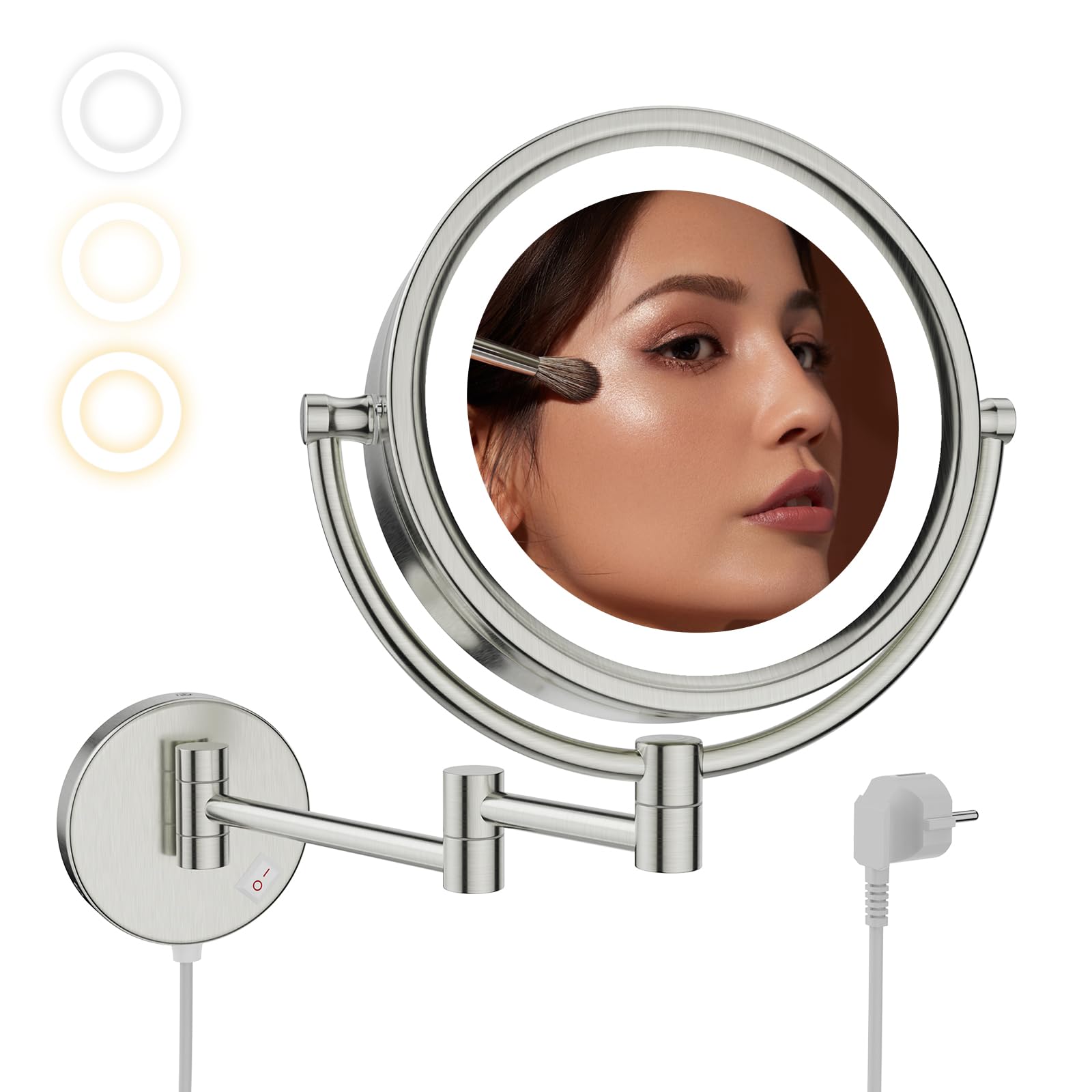 Nicesail Espejos de Aumento para Baño con Luz Espejo Maquillaje Pared 10x - 3 Colores de Luz - Espejo Afeitar Extensible Espejo de Doble Cara Níquel Cepillado,Diámetro 20 cm