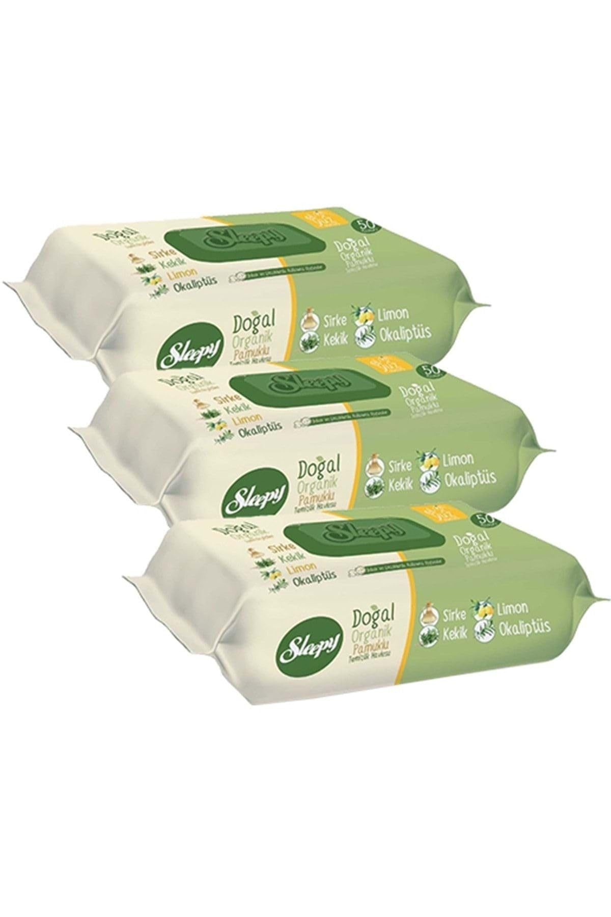 Sleepy Islak Havlu Mendil Doğal Organik Pamuklu 50 Yaprak Plastik Kapaklı 3lü Set 150 Yaprak
