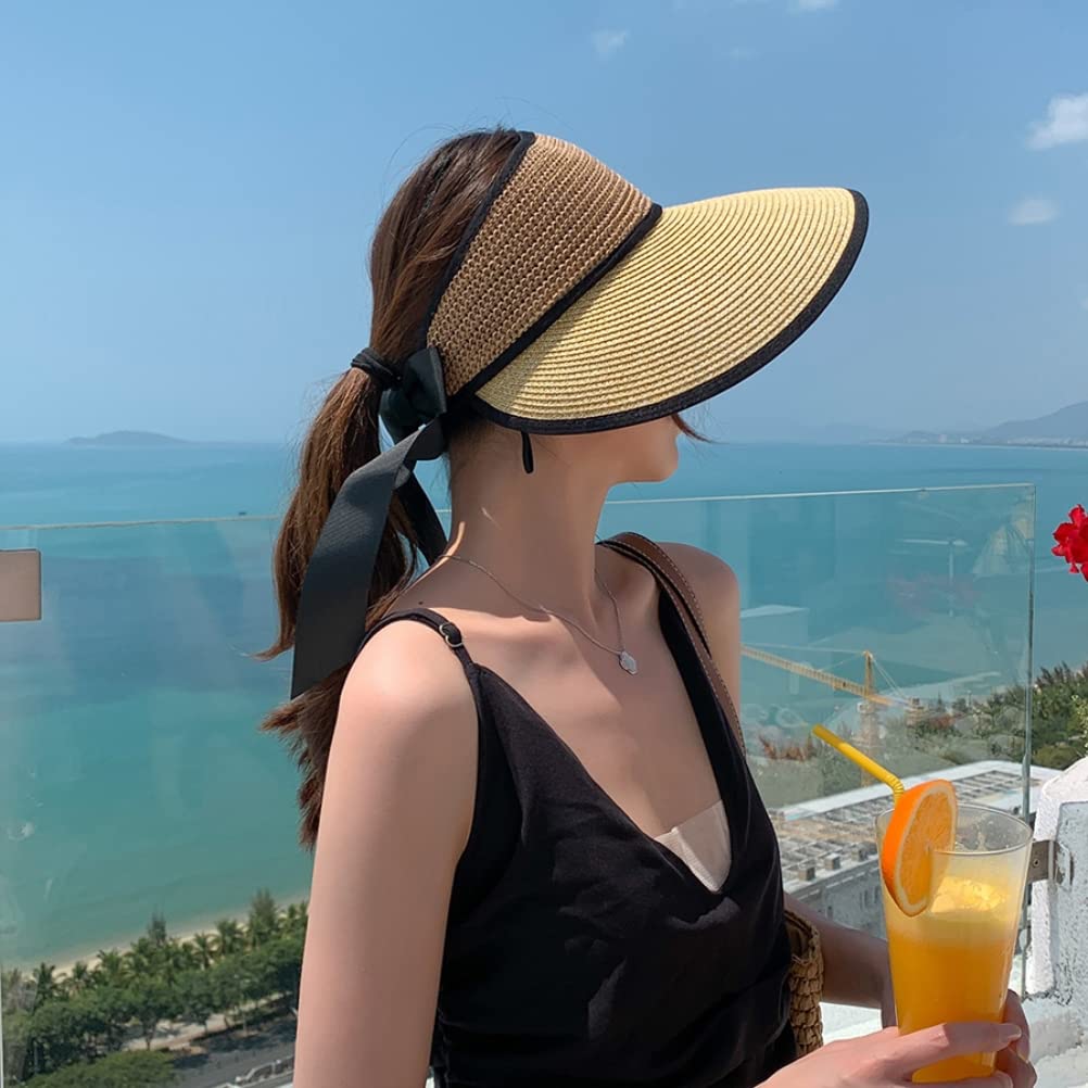 Sombrero de visera solar, visera plegable de paja para mujer, protección solar, ala ancha, lazo vacío, transpirable, sombrero de playa de verano, paja de ala ancha para mujer