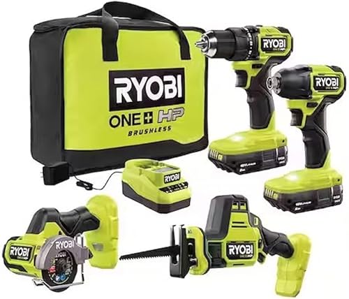RYOBI ONE+ HP Kit combinado compacto de 4 herramientas sin escobillas de 18 V con (2) baterías de 2.0 Ah, cargador y bolsa