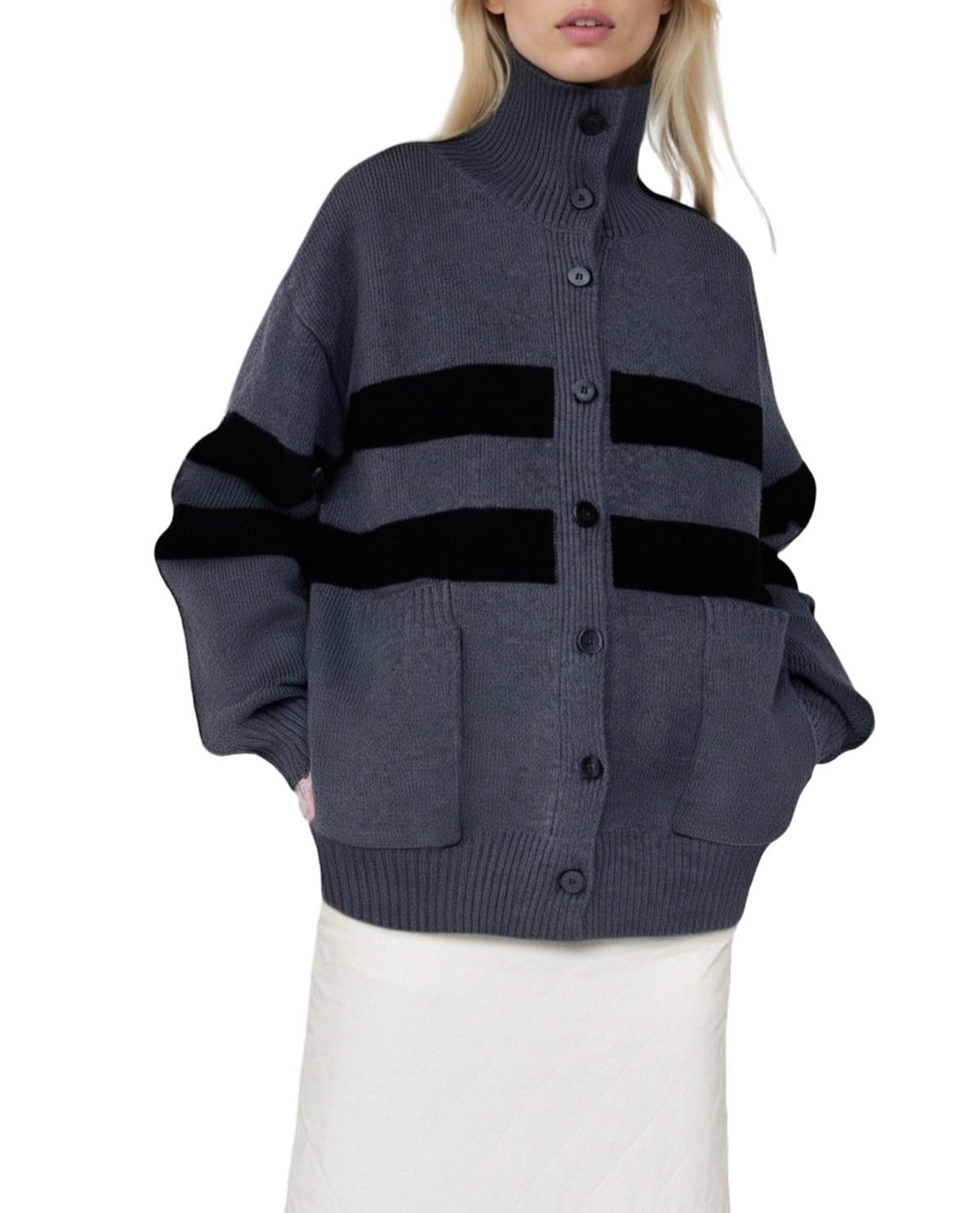 CHARTOU Women Contrast Stripes Knit Cardigan Sweater Oversized Button Down Turtleneck Sweater Coat