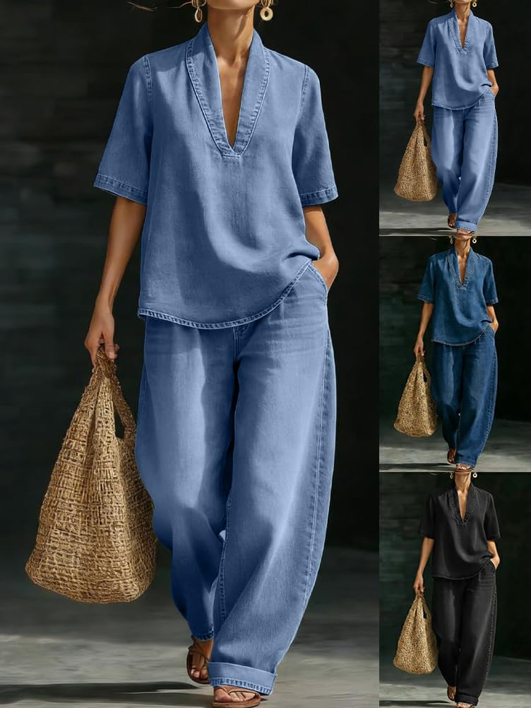 shownicer Ensemble Femme 2 Pièces Chic et Elegant Tenue sans Manche Top Et Jeans Pantalon Ensembles Ete Col en V Décontractée Tenue