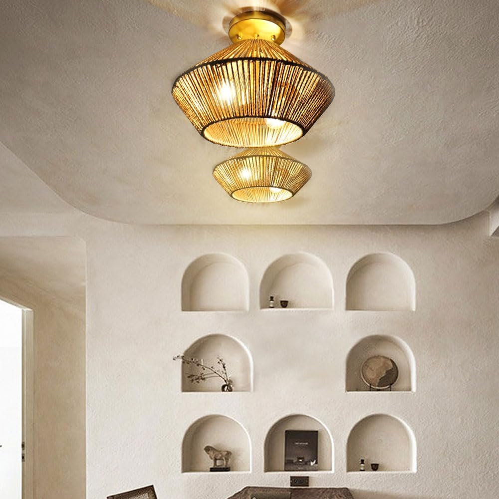 American Country Semi-recessed Ceiling Light, Pastoral Double-headed Interior Decoration Lighting Chandelier, Rattan Woven Close To Ceiling Light Fixtures,For Living Room,Bedroom,Kitchen,Offic