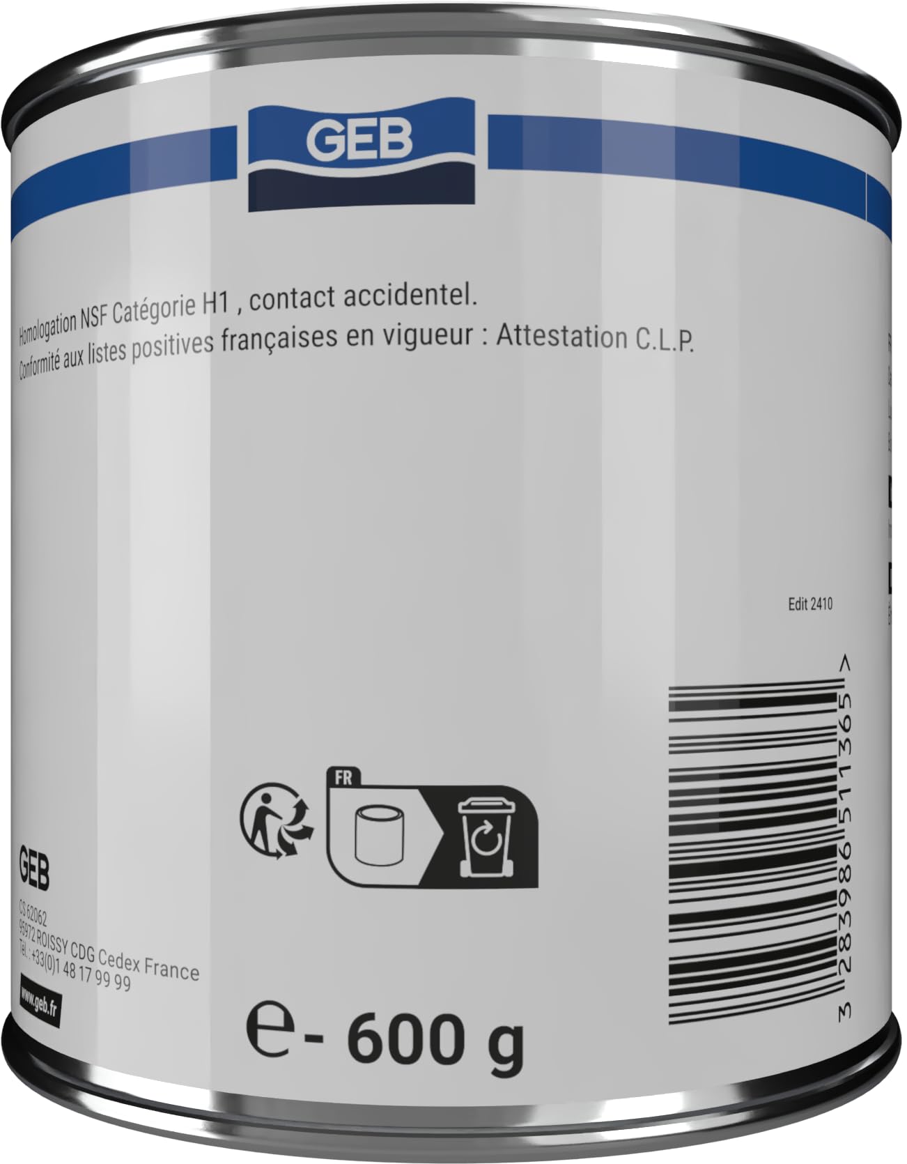 GEB Graisse Blanche 600 g – Homologation NSF contact alimentaire, non tachante, industrie agroalimentaire & pharmaceutique - Lubrification de roulements, paliers, glissières en milieu propre