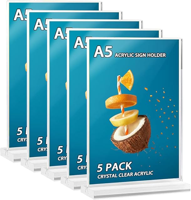 OSIMIG A5 Acrylic Sign Holder, Double Sided Poster Menu Holder, Great for Restaurant, Hotel, Documents, Office, Shop (T-Shape, 5Pack)