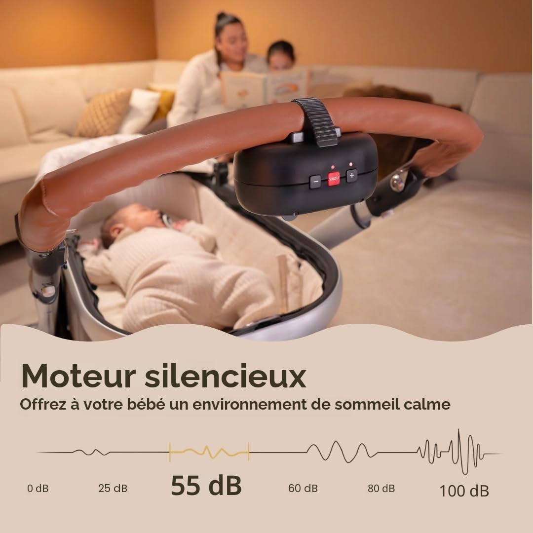 ZAZU Robby Balançoire automatique pour bébé, épaisseur réglable, minuterie 40 min, capteur de cri pour bébé, rechargeable par USB-C, étanche, universel pour poussette et buggy