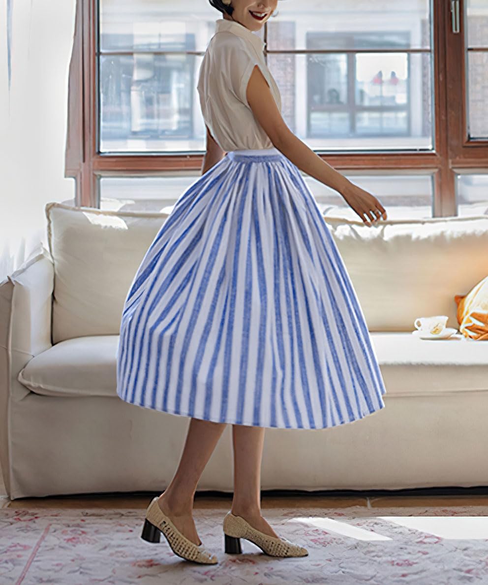 chouyatou Women's Vertical Striped Pleated Skirt Casual Elastic Waist A Line Swing Midi Long Skirt with Pockets - Image 4