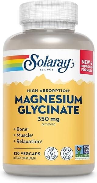 SOLARAY Magnesium Glycinate Capsules, Chelated Magnesium Bisglycinate w/BioPerine, Higher Absorption Magnesium Supplement - Bones, Muscles, Heart Support, Vegan (30 Servings, 120 VegCaps)