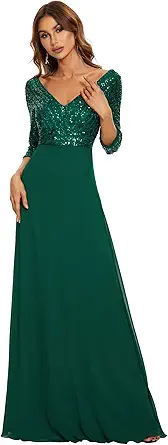 Women's Elegant V-Neck Long Sleeve Sequin Evening Party Dress 0751