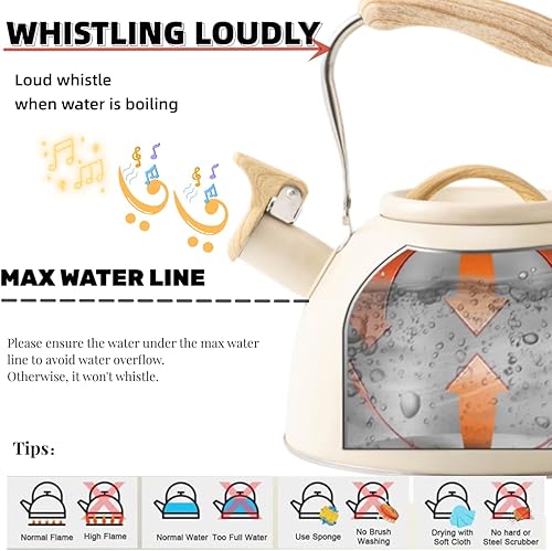 Miniatura 2 de Tetera silbante de 3.2 cuartos de galón para estufa, tetera con mango ergonómico de agarre fresco, tetera de acero inoxidable (crema)