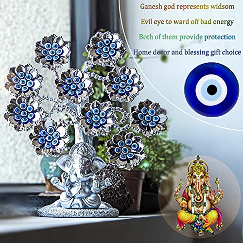 Evil Eye Flowers Lucky Tree With Silver Ganesha Hindu Elephant God Statue Home Office Feng Shui Protection Ornament Blessing Gift #TOP3