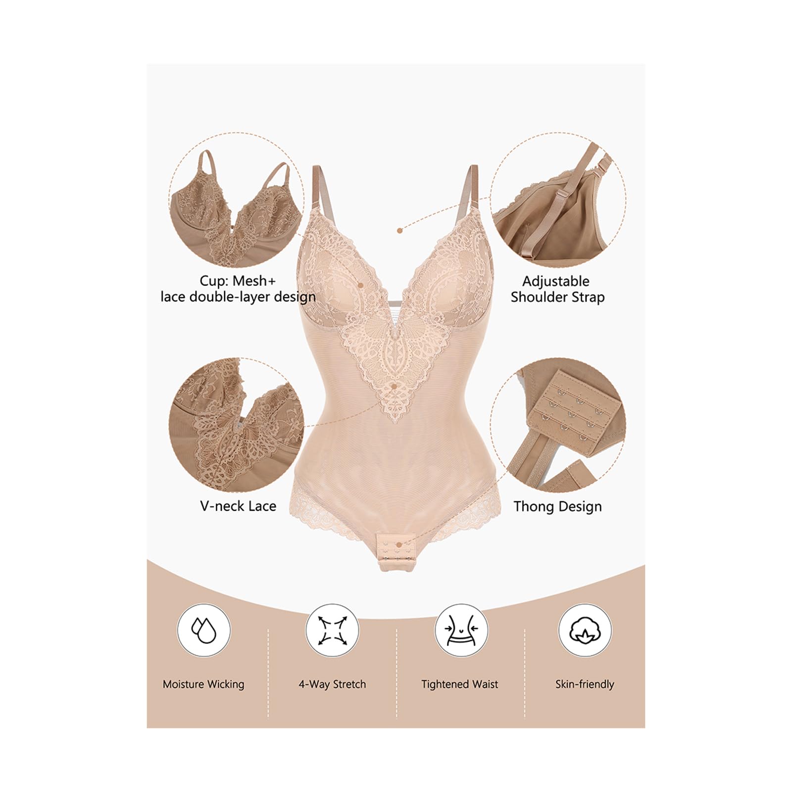 Body de Malla de Encaje para Mujer, Ropa Moldeadora con Control de Barriga, Cuello en V, Tangas, Ropa Interior, Monos de recuperación adelgazantes