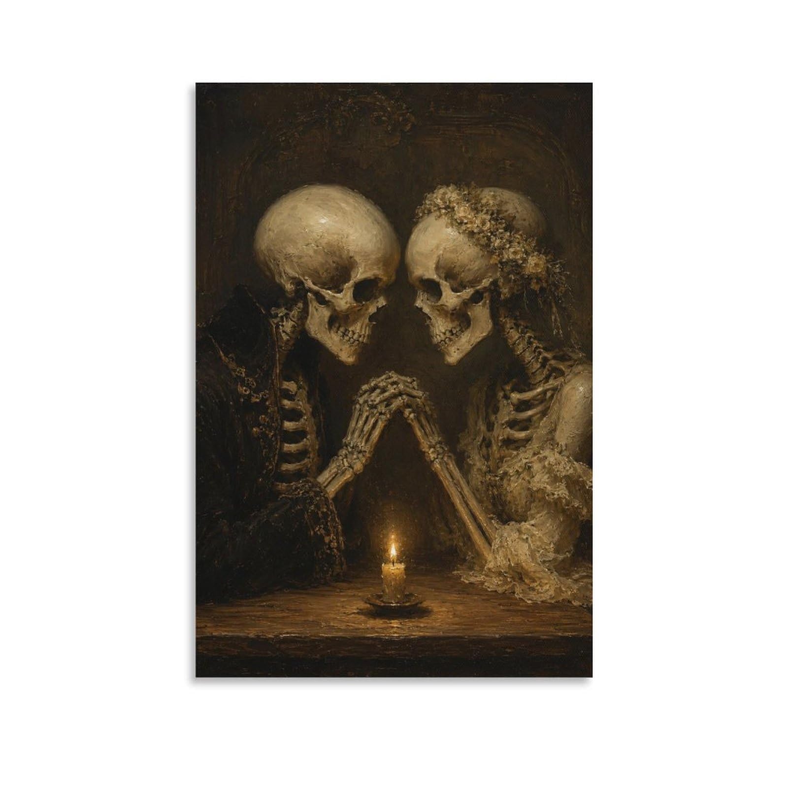 W7C8U2X3 Skeleton Couple Candlelight Canvas Wall Art, Gothic Fantasy