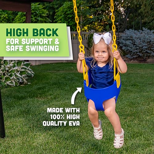 Deluxe High Back Full Bucket Toddler Swing with Exclusive Chain & Triangle Dip Pinch Protection and Carabiners for Easy Install - Blue - Squirrel Products - Thumbnail 3