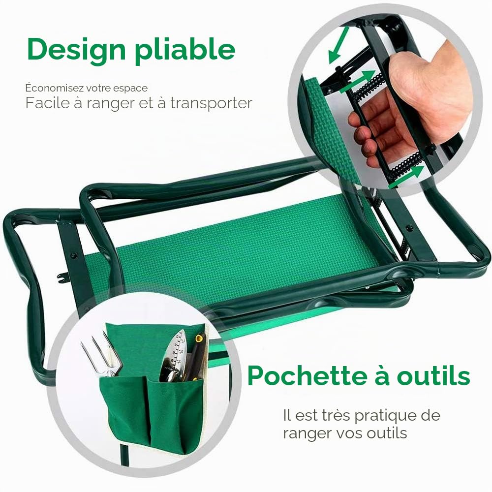 Randaco - Banc de jardinage - Agenouilloir avec tapis en mousse Eva - Pliable et portable - Banc de jardin avec sac à outils - Capacité de charge jusqu'à 150 kg