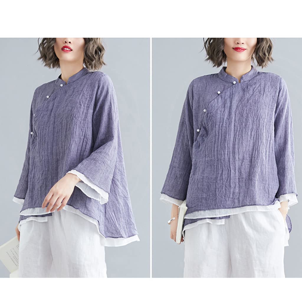 RWRAPS Ropa Tradicional China Mujer Tai Chi Gasa Tang Traje Top Traje Mujer Lino Kung Fu Camisa Blusa de Manga Larga Qipao Top (Azul Talla única)