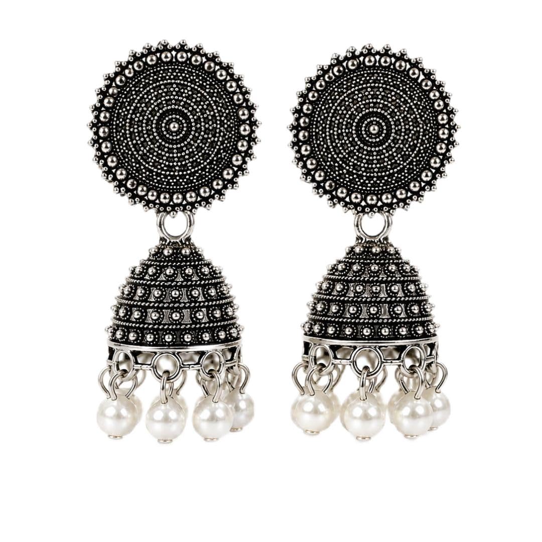 Sunburst Oxidised Jhumka Earrings for Women | Dancing Girl Oxidised Earrings | Black Butterfly Design | Silver Oxidised Star Chain Style | Traditional Ethnic Earrings-picture-28