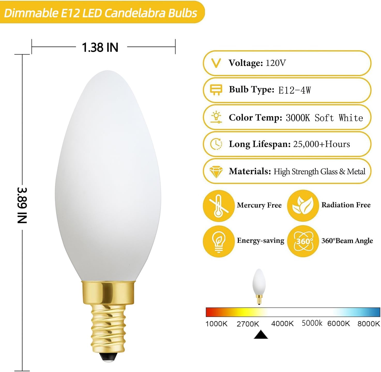 XININSUN E12 LED Bulb,Frosted Chandelier Light Bulbs 40 Watt Equivalent,Type B Candle Light Bulbs,Milky White Candelabra LED Bulb,Small Base, Dimmable,4W 3000K Soft White 400lm,6Pack