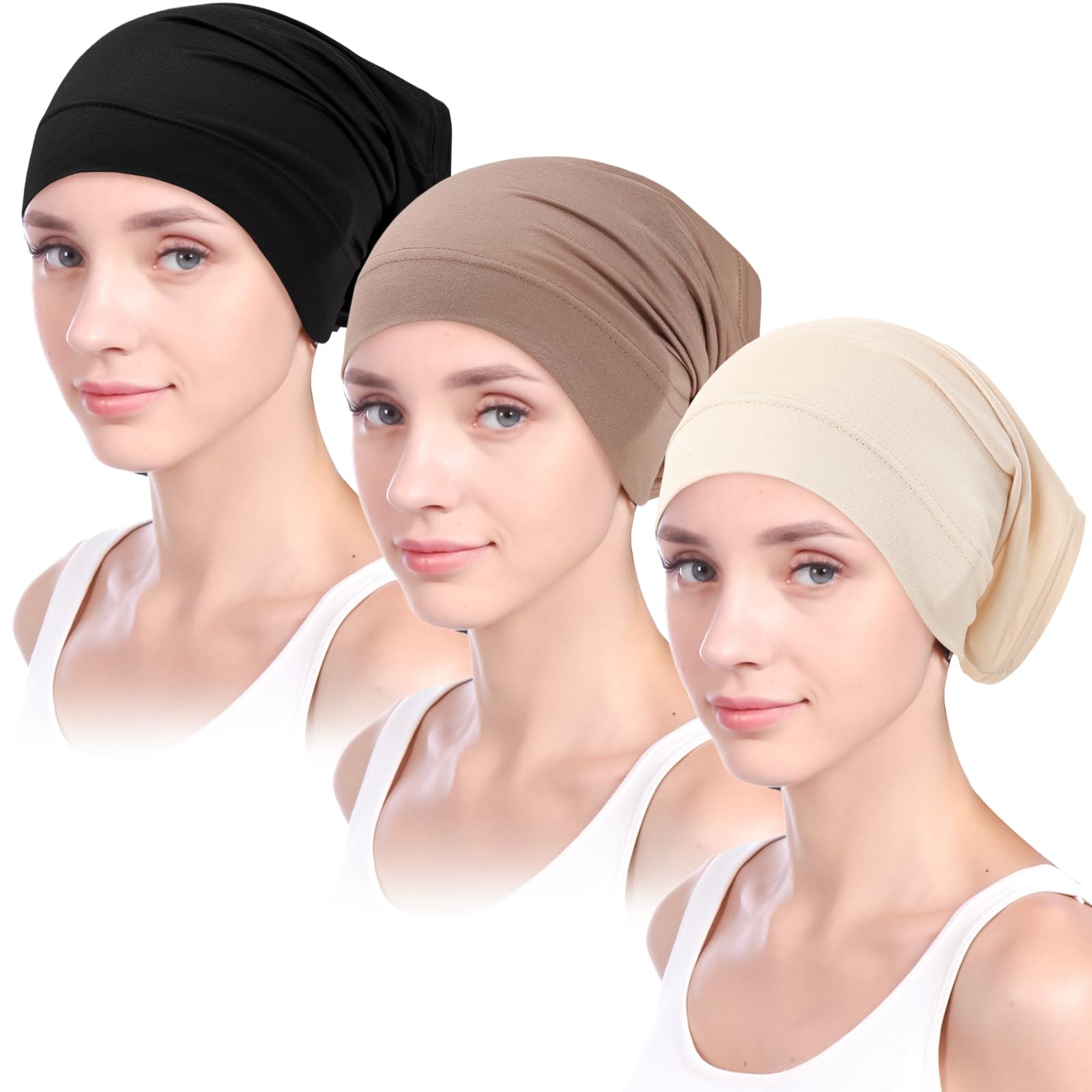 3 Packs Women Hijab Undercap Cotton Tube Cap Breathable Underscarf for Muslim Headscarf Headwrap Black