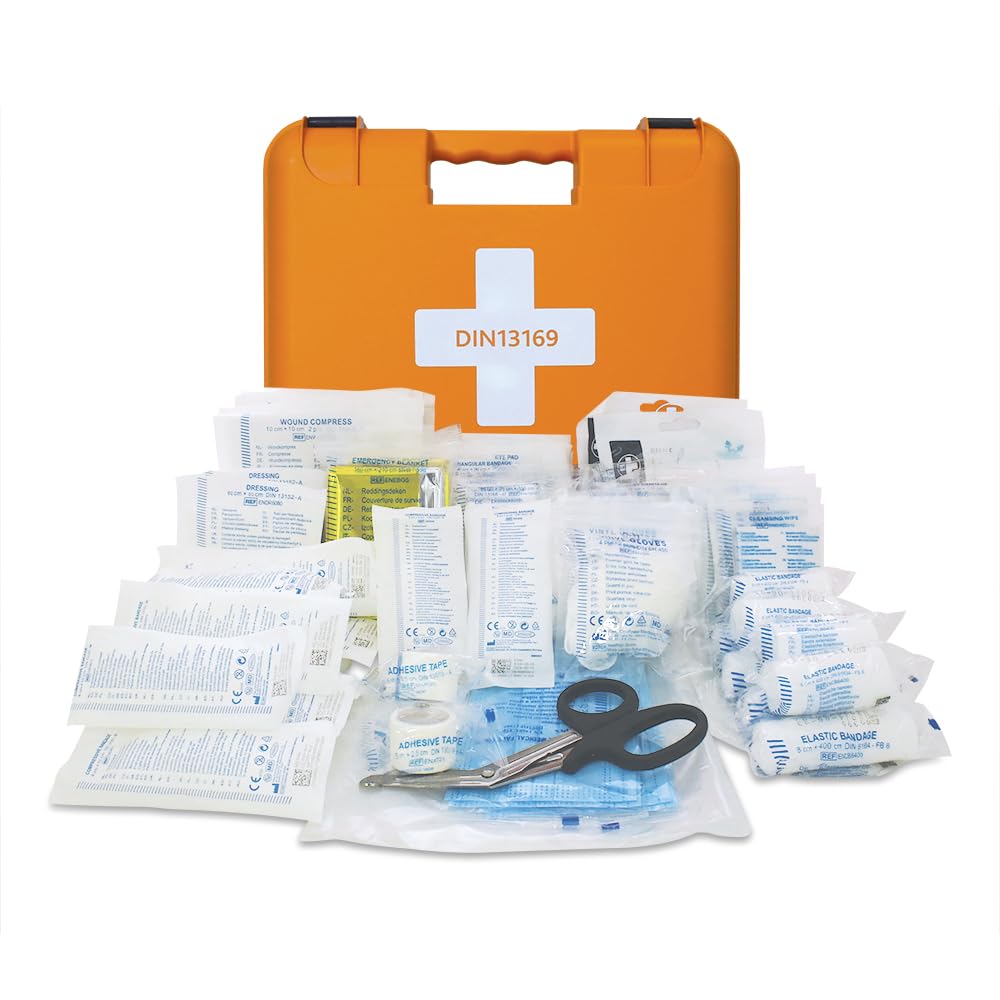 Reliance Medical Grande kit di pronto soccorso per lavori – Robusta scatola in titanio riciclata per fabbriche e grandi uffici, tratta lesioni fino a 100 persone, supporto da parete, scatola da 74