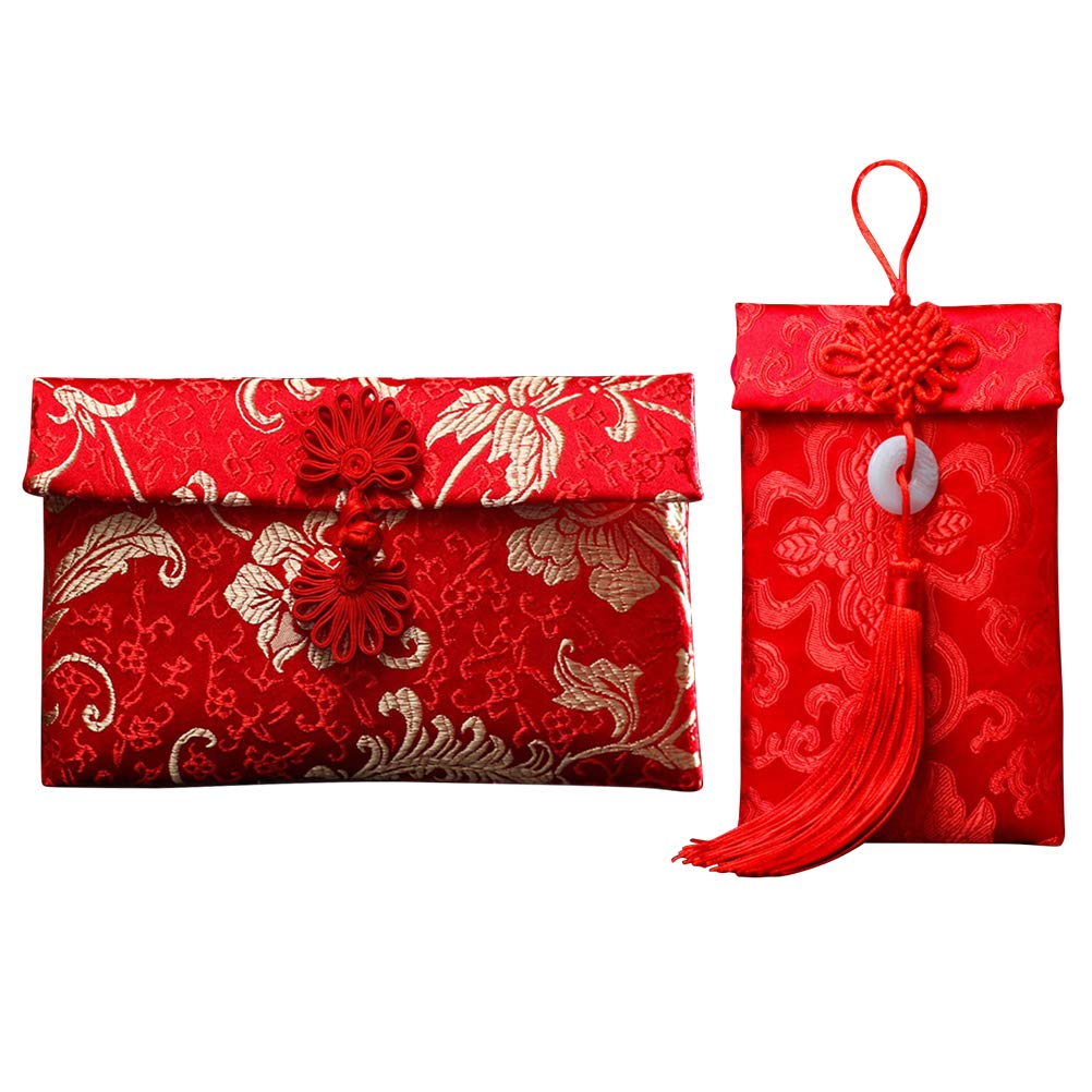 2 Pcs Chinese Style Brocade Lucky Bag Money Bag Celebrative Red Envelopes Cloth Money Envelopes Red Pockets for New Year Wedding (Buckle+ Jade)-image-34