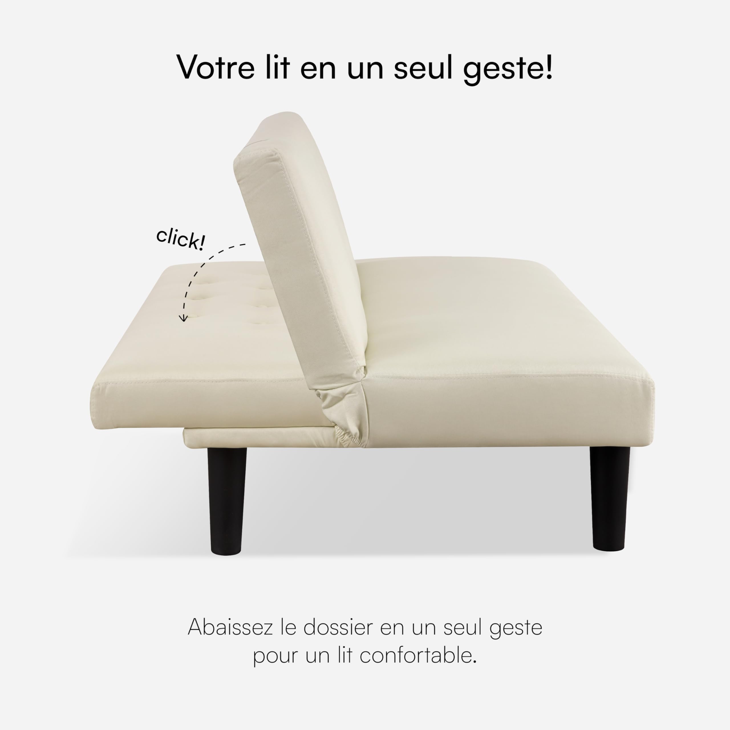 Baroni Home Canapé-Lit Clic Clac en Tissu 3 Places Convertible en Lit Rembourré, Sofa Inclinable avec Pieds en Plastique pour Salon, Chambre d'amis, Ouverture 93 cm, 167x70x77 cm, Crème