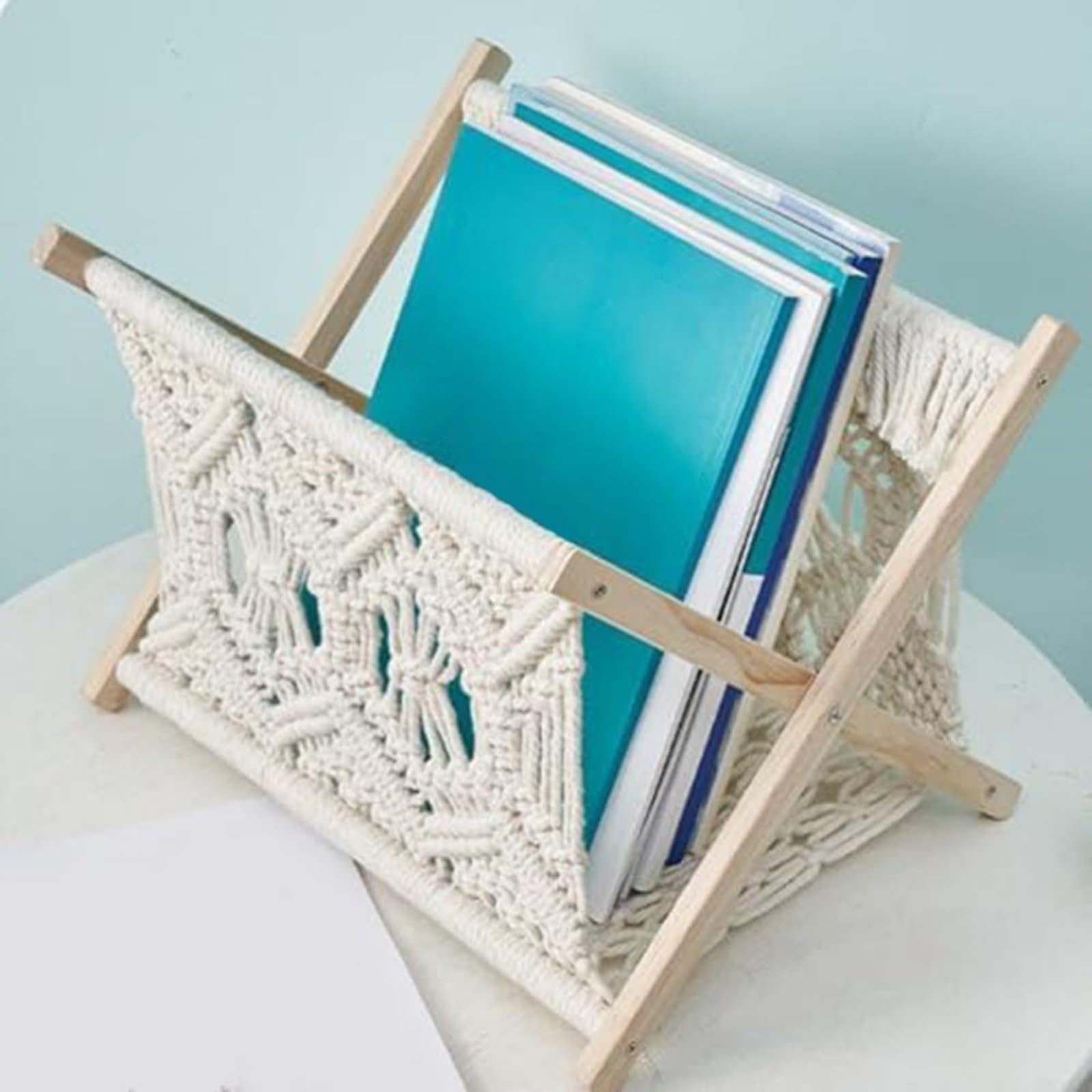 Portariviste intrecciato a mano, pieghevole, in legno e corda di cotone, porta giornali per soggiorno, camera da letto, ufficio, cestino portaoggetti bianco per libri, tablet, asciugamani