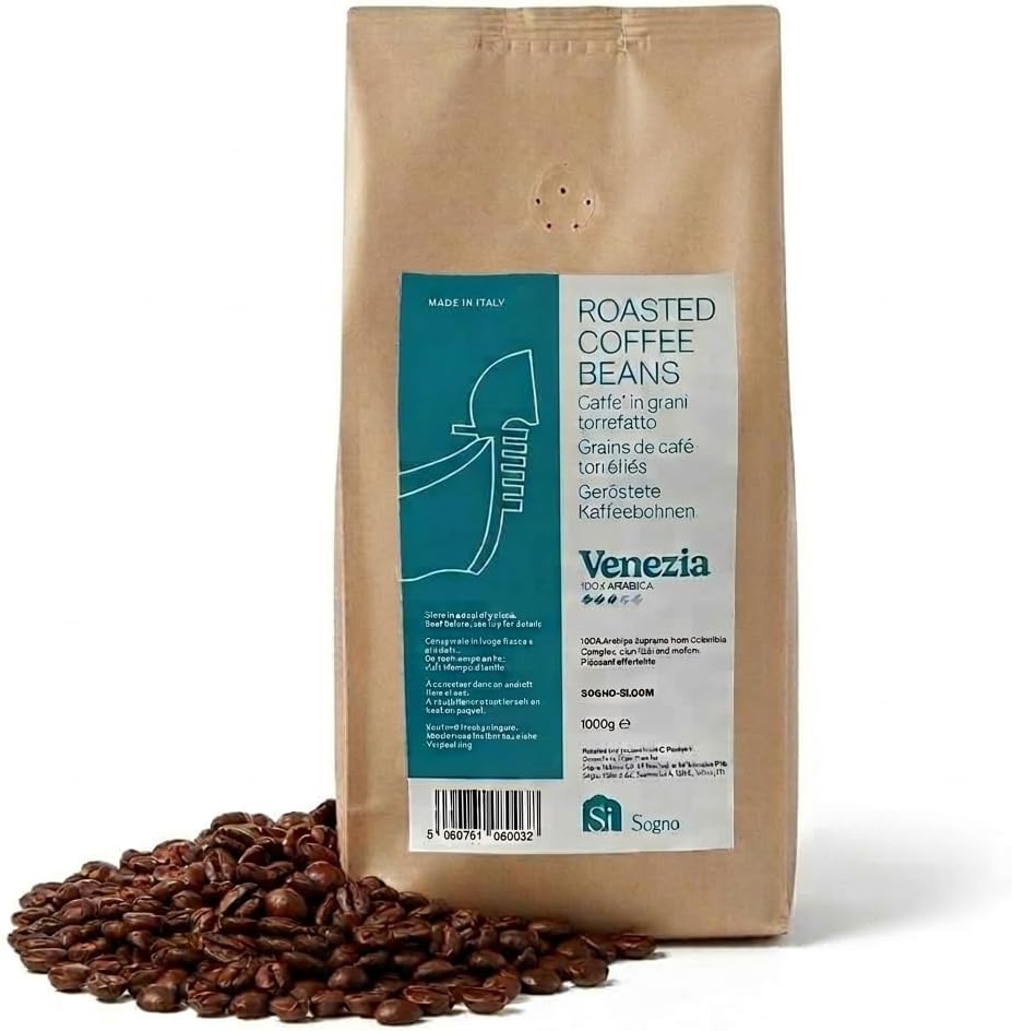 Si Sogno Coffee Venezia Whole Roasted Beans, Italian Artisanal Coffee, 100% Colombian Arabica, Smooth & Mellow, Low Caffeine; 1kg bag