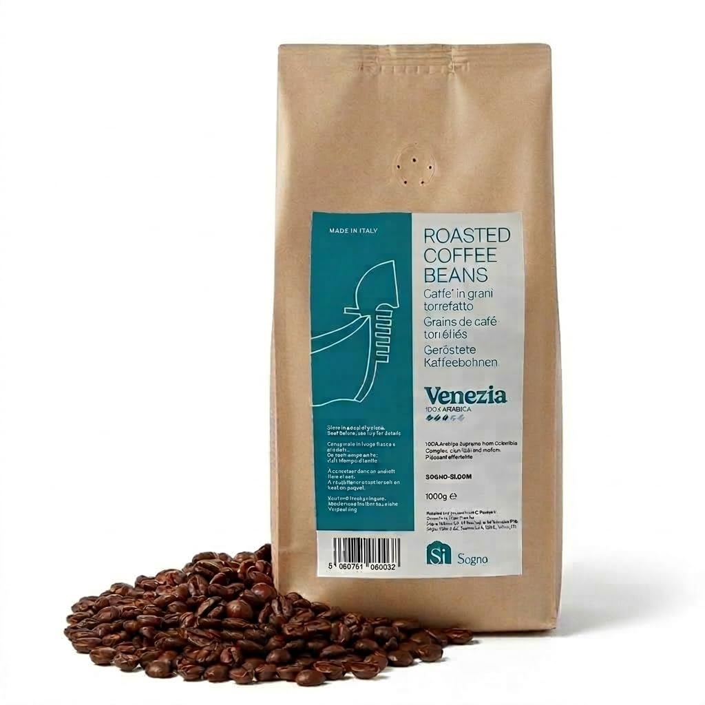 Si Sogno Coffee Venezia Whole Roasted Beans, Italian Artisanal Coffee, 100% Colombian Arabica, Smooth & Mellow, Low Caffeine; 1kg bag