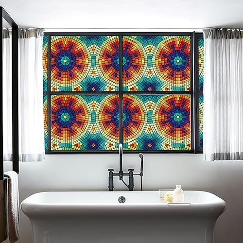 ZIUBMVDYC Láminas para Ventanas, Pegatinas for Ventanas con Efecto Esmerilado, con diseño geométrico en Rojo y Verde, Opaca, for baño y Oficina.(W 17.3 x L 39.4)