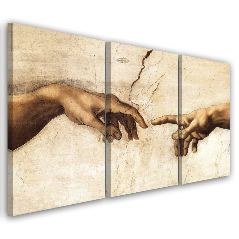 Feeby 3 partes Cuadros en Lienzo Manos Bóveda 120x60 cm Miguel Ángel Reproducción La Creación de Adán Arte Moderno Decoración De Pared Sala De Estar Capilla Sixtina Beige