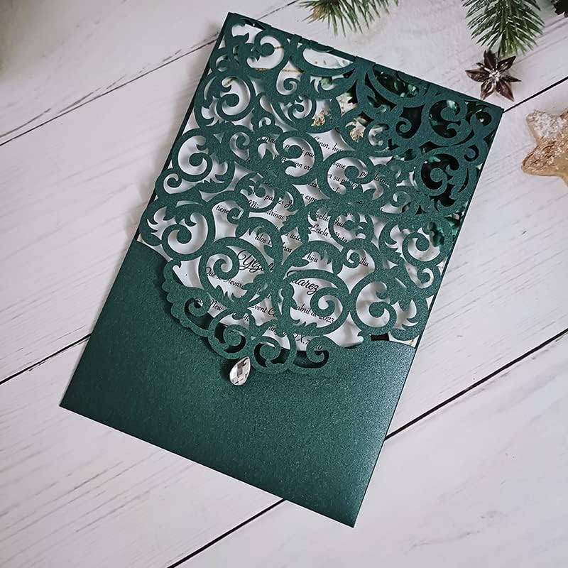 50 sets Emerald Pocket Green Invitation Card With Pearl And Envelope DIY Personalized Print Laser Cut Glossy Sweet 15 Invites (Just Laser Cut Card)