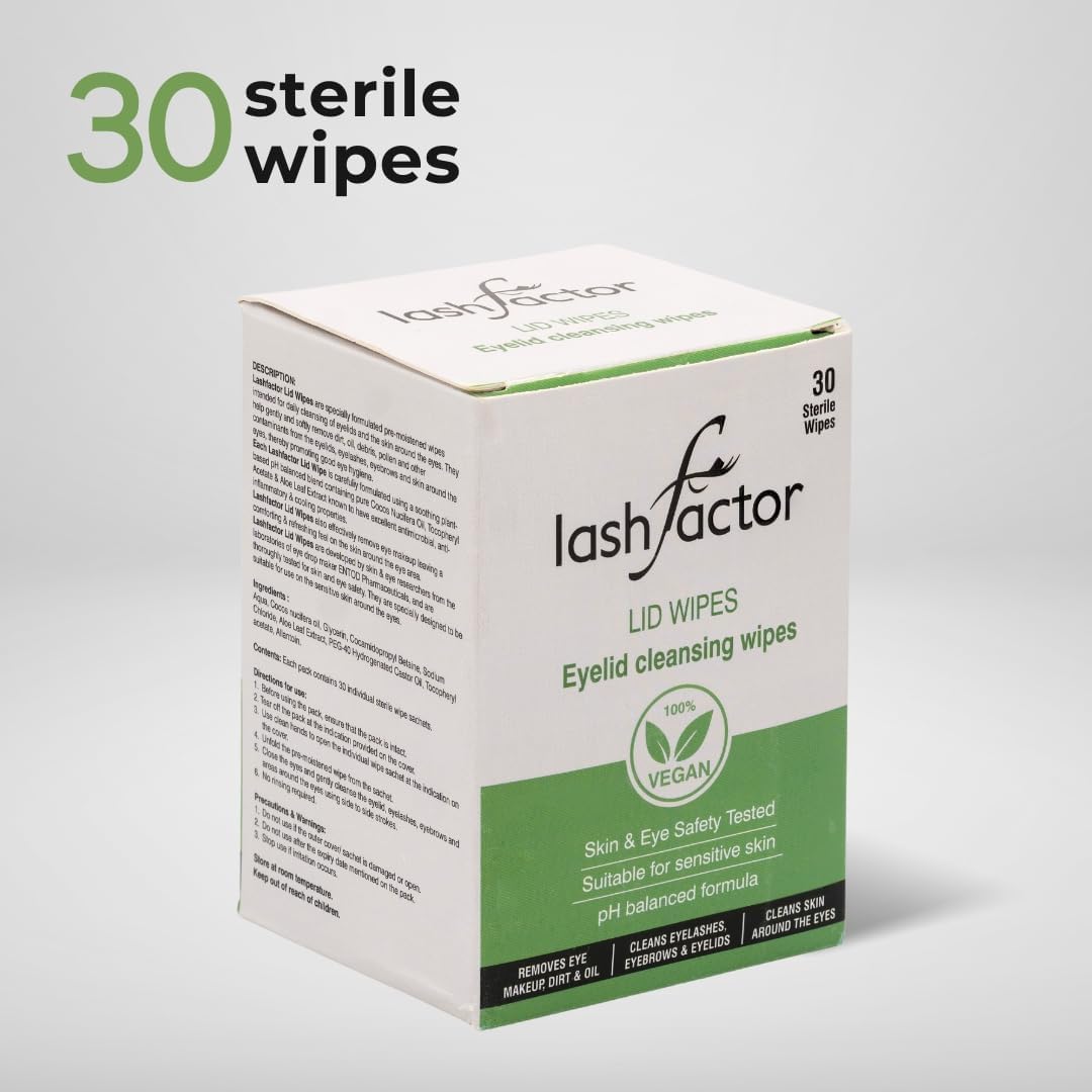 Lashfactor Salviette per la pulizia delle palpebre per l'igiene quotidiana delle palpebre e occhi stanchi e secchi, a base vegetale, confezionate singolarmente, struccante naturale, 30 salviette
