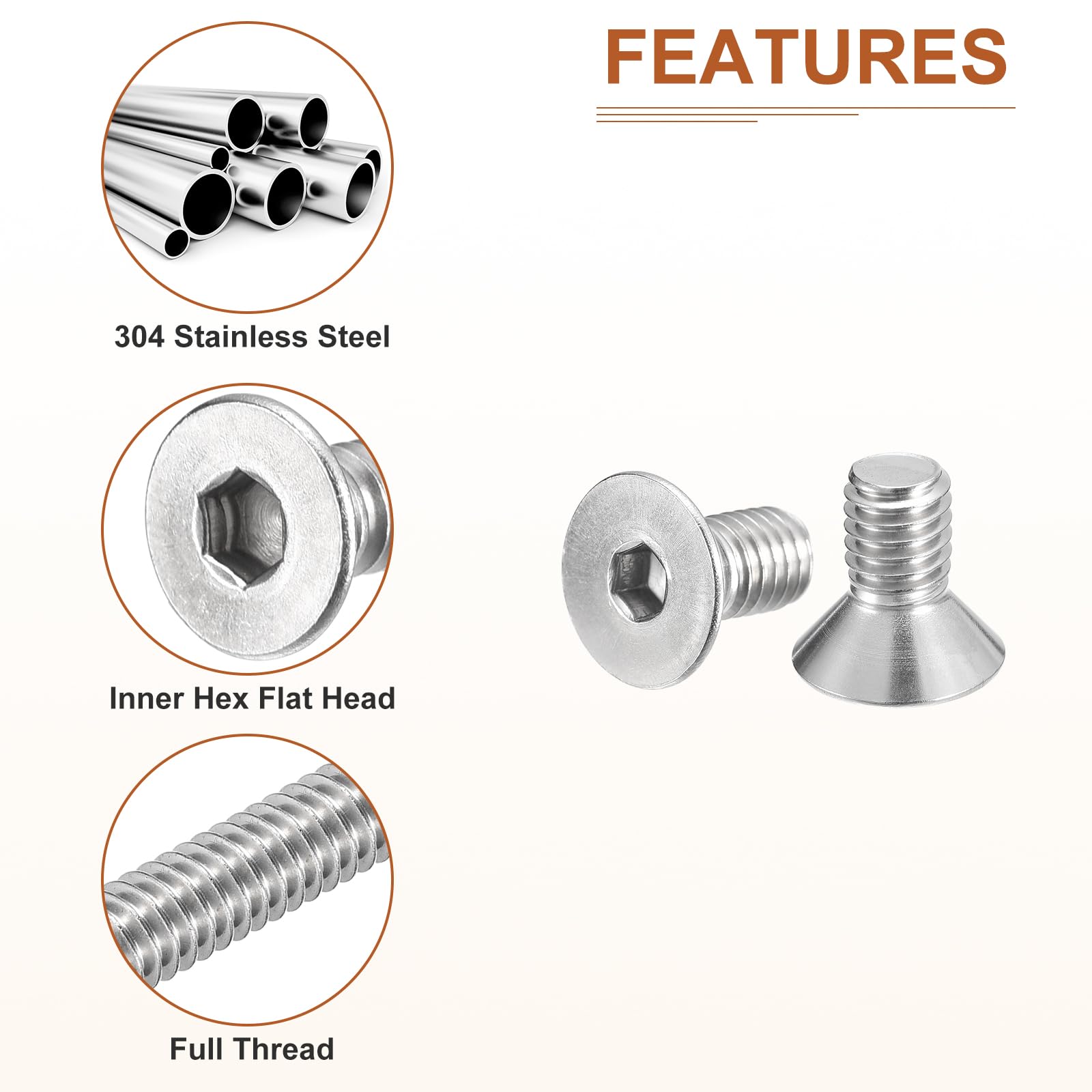 DTGN 3/8-16 x 3/4" Flat Head Socket Cap Screws, 10 Pack 304 Stainless Steel Hex Socket Flat Head Screws, Full Thread, Countersunk Bolts - Image 4