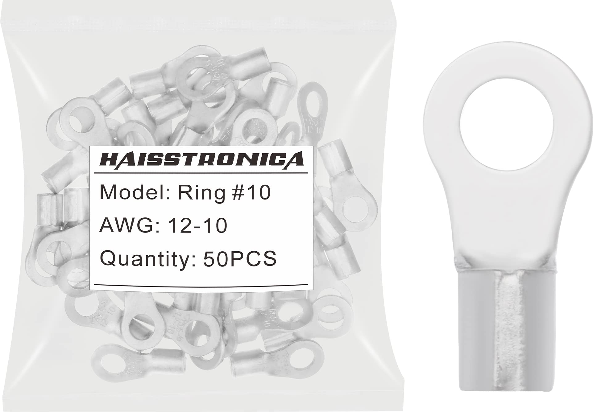 haisstronica Non-Insulated Wire Connectors,50pcs #10 Ring Terminals,AWG 12-10 Brazed Seam Copper Kit
