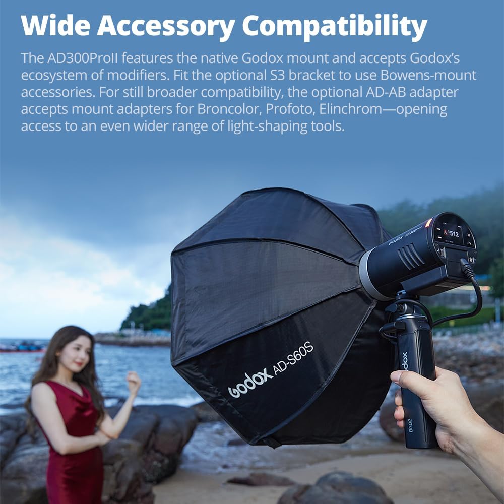 Godox AD300Pro AD300 Pro II AD300ProII 300Ws Outdoor Flash,12W Bi-Color 2800K-6000K,2.4G Wireless X System,0.01s~1.5s Recycle Time,1/1 to 1/512 10 Power Steps(AD300Pro II)