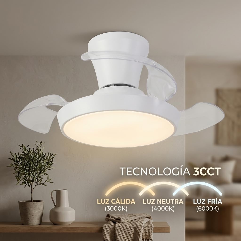 Ventilador de Techo Rectátil con Luz LED Regulable 3 CCT, 6 Velocidades, Mando a Distancia, Función Invierno/Verano, Temporizador y Memoria, Diseño Moderno, Ø96,5 cm (Blanco hielo)