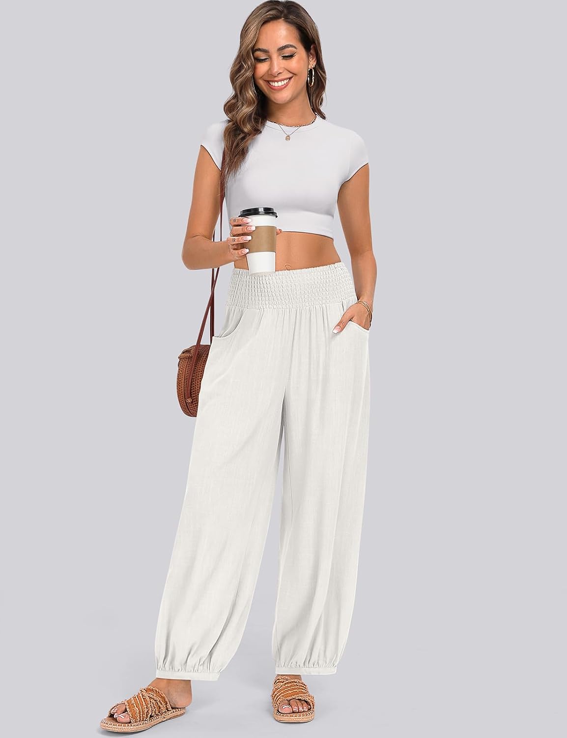 TARSE Womens Linen Palazzo Pants Summer Fall Boho High Waisted Baggy Loose Casual Beach Travel Vacation Clothes with Pockets, White, S - Image 3