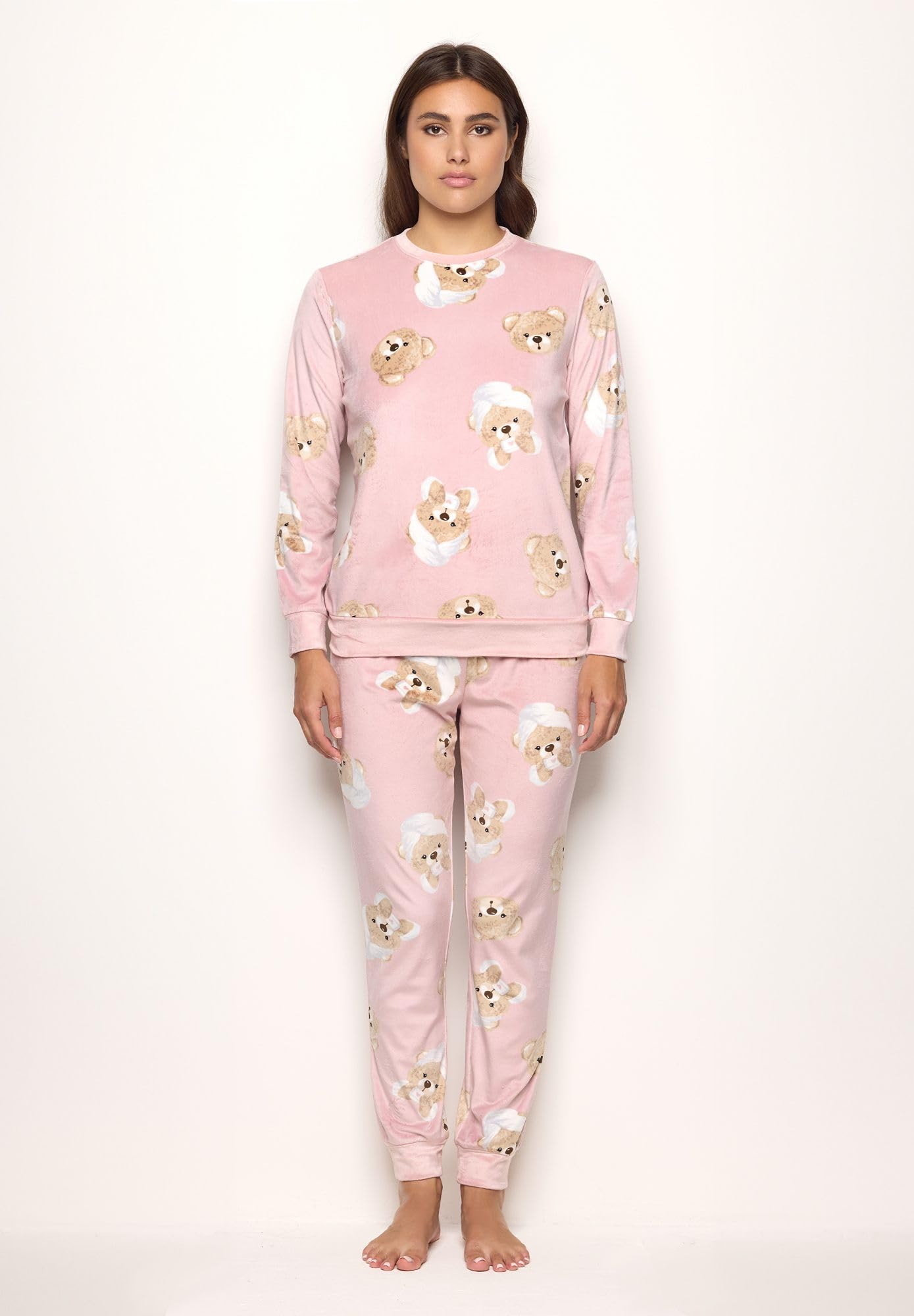 YAMAMAY - Pigiama Lungo, Donna, Rosa Antico, 95% Polyester 5% Elastan, Ciniglia, Stampato