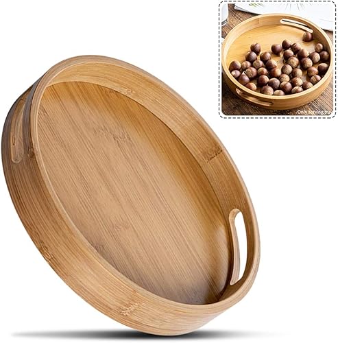 Miniatura 3 de Bandeja redonda de madera de bambú con asas, mesa de té y café, bandeja decorativa de almacenamiento de alimentos para servir bebidas y alimentos en