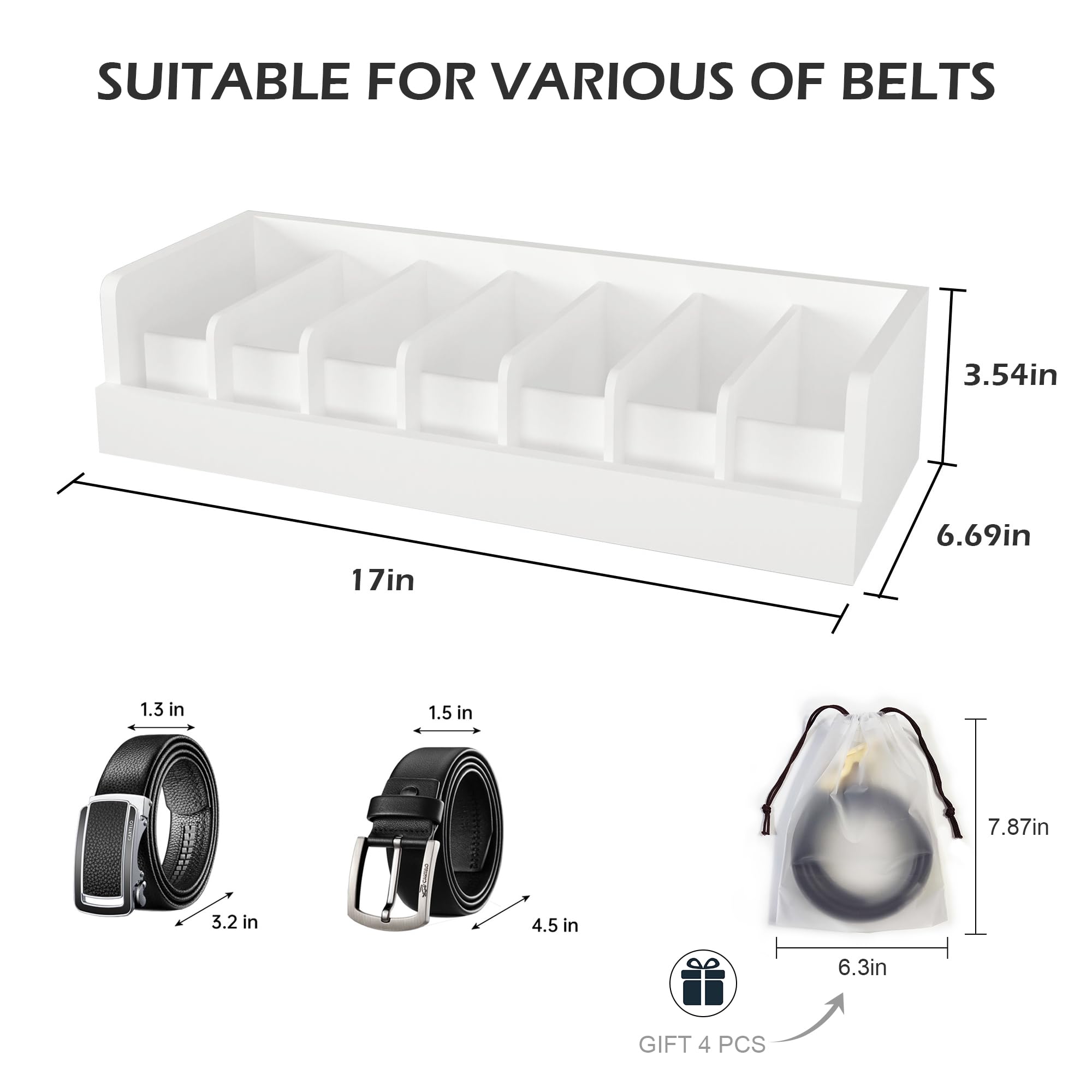 Bamboo Belt Organizer for Drawer - 7 Grids Belt Storage Organizer | Belt Rack for Closet Wall Mount Men Women Tie Sock Bra Scarf Ribbon (White)