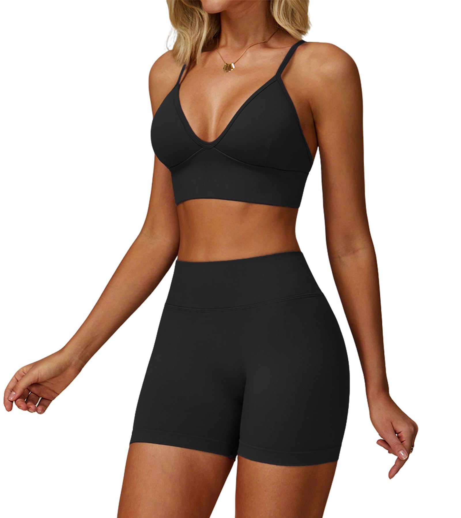Conjunto Deportivo Mujer Gimnasio Yoga Tirantes Fitness Ropa Escote V Espalda Descubierta Sujetador Pantalones Cortos Fruncido Sin Costuras