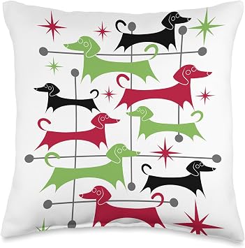 DW Doggie Style Designs Vintage Retro Mid-Century Modern Christmas Dachshunds 50s Throw Pillow, 16x16, Multicolor
