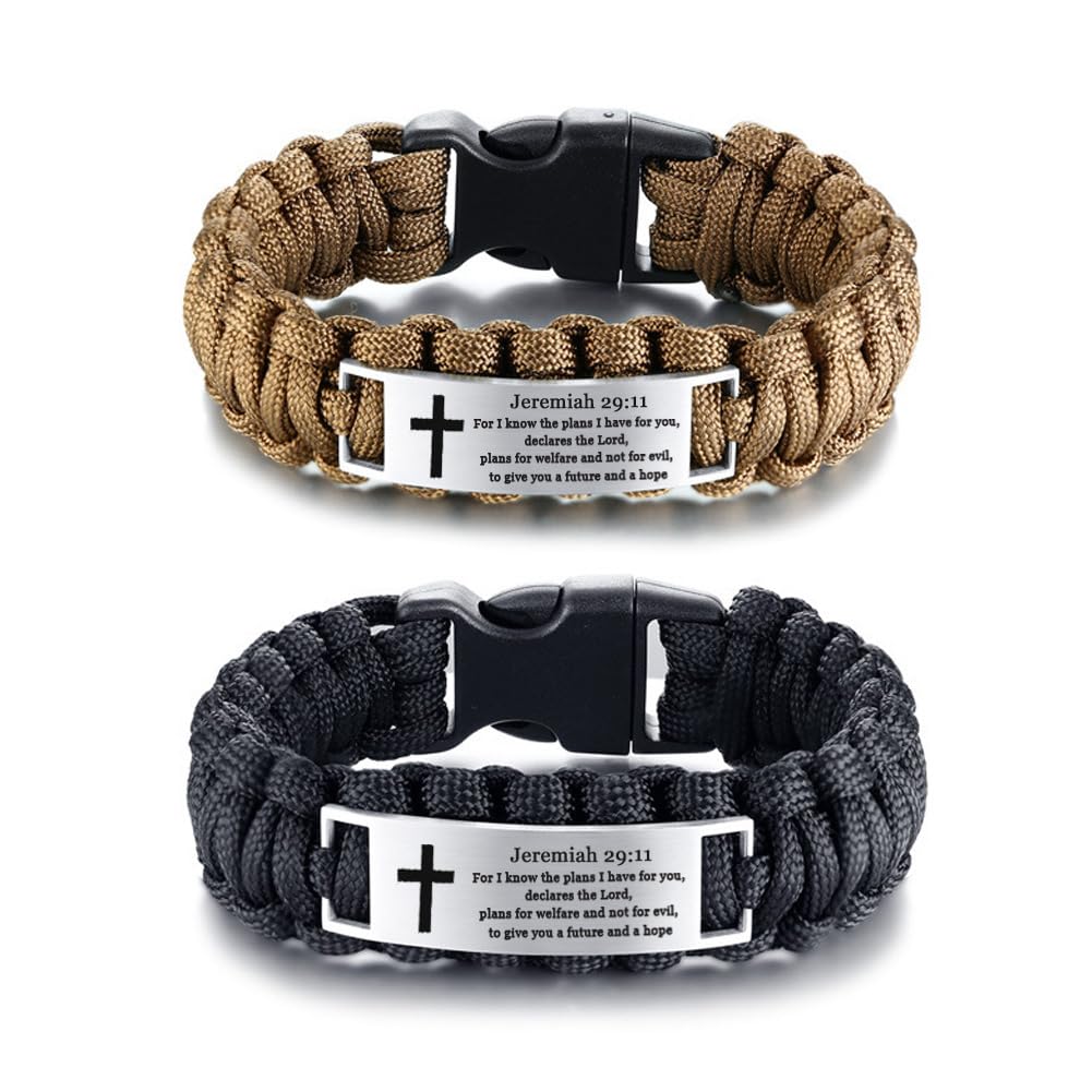 LiFashion LF Mens Stainless Steel Bible Verse Bracelets Outdoor Rope Paracord Survival Bracelet Christ Cross Bible Quote Scripture Cuff Bangle for Dad